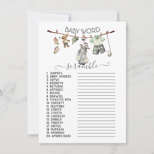 Preppy Golf Clothesline Baby Word Scramble Einladung (Vorderseite)