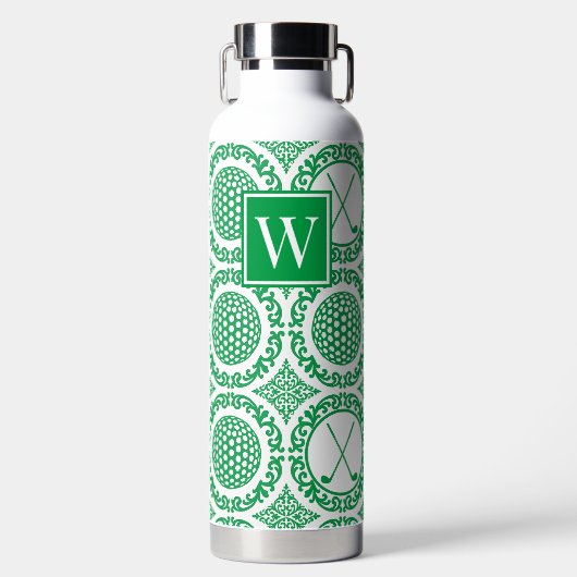Preppy Golf Damask – Balls & Clubs - Green & White Trinkflasche (Vorderseite)