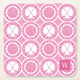 Preppy Golf Damask - Balls & Clubs in Hot Pink Rechteckiger Pappuntersetzer