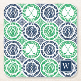 Preppy Golf Damask - Balls & Clubs in Navy & Green Rechteckiger Pappuntersetzer