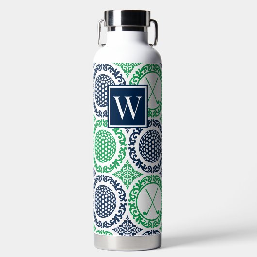 Preppy Golf Damask – Balls & Clubs in Navy Green Trinkflasche (Vorderseite)
