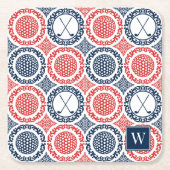 Preppy Golf Damask - Balls & Clubs in Navy & Red Rechteckiger Pappuntersetzer (Vorderseite)