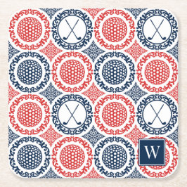 Preppy Golf Damask - Balls & Clubs in Navy & Red Rechteckiger Pappuntersetzer