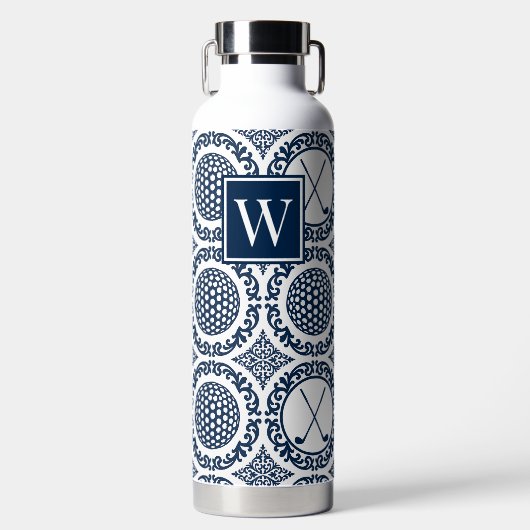 Preppy Golf Damask – Balls & Clubs in Navy White Trinkflasche (Vorderseite)