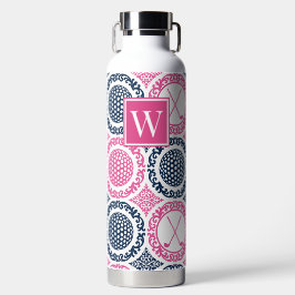 Preppy Golf Damask – Balls & Clubs in Pink Navy Trinkflasche