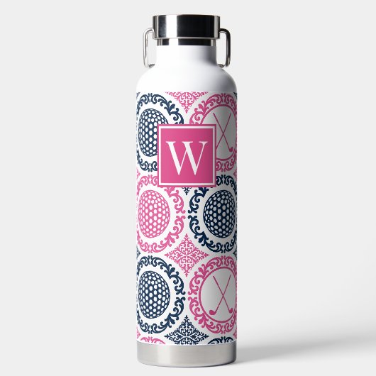 Preppy Golf Damask – Balls & Clubs in Pink Navy Trinkflasche (Vorderseite)