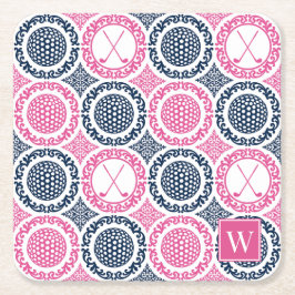 Preppy Golf Damask - Balls & Clubs Navy & Hot Pink Rechteckiger Pappuntersetzer