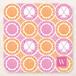 Preppy Golf Damask - Balls & Clubs - Orange & Pink Rechteckiger Pappuntersetzer