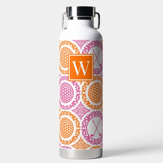 Preppy Golf Damask – Balls & Clubs - Orange & Pink Trinkflasche (Vorderseite)