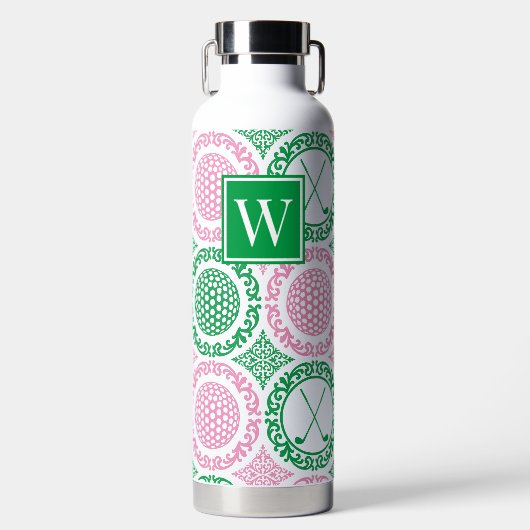 Preppy Golf Damask – Balls & Clubs - Pink & Green Trinkflasche (Vorderseite)