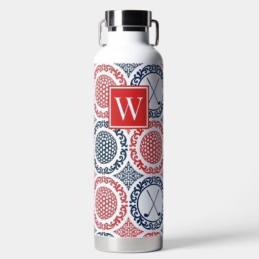 Preppy Golf Damask – Balls & Clubs - Red & Navy Trinkflasche (Vorderseite)