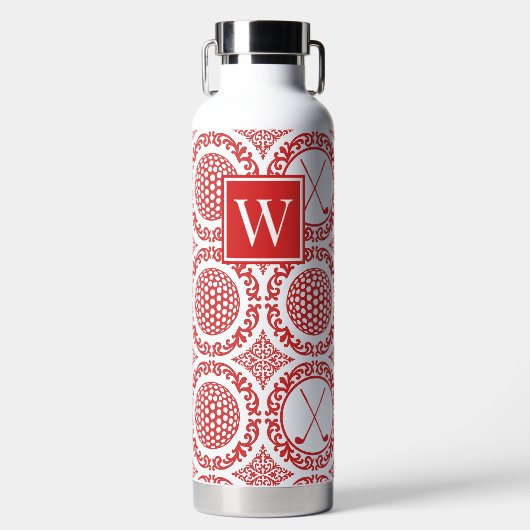 Preppy Golf Damask – Balls & Clubs - Red & White Trinkflasche (Vorderseite)