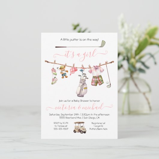 Preppy Golf Girl Baby Dusche Einladung (Stehend Vorderseite)