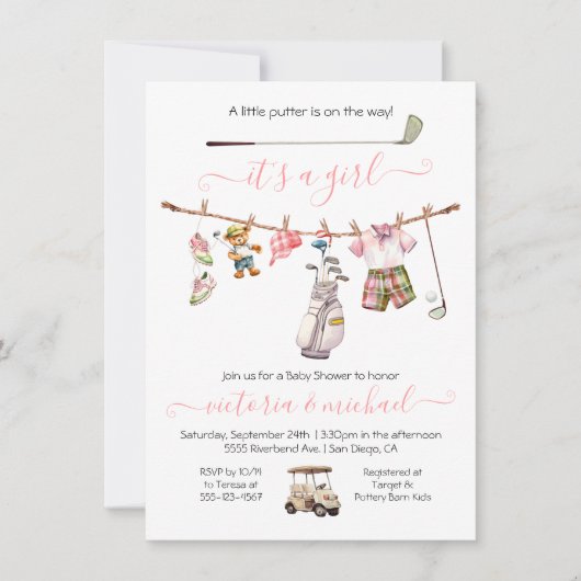 Preppy Golf Girl Baby Dusche Einladung (Vorderseite)