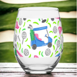 Preppy Golf Pink Blue Golf Cart Muster Weinglas Ohne Stiel