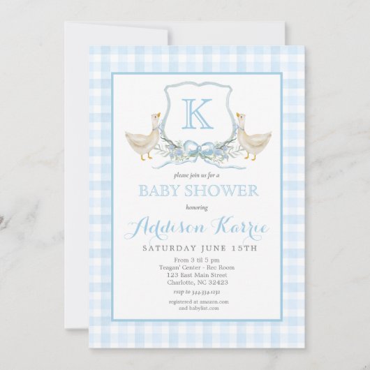 Preppy Goose Blue Gingham Baby Shower Invitation Einladung (Vorderseite)