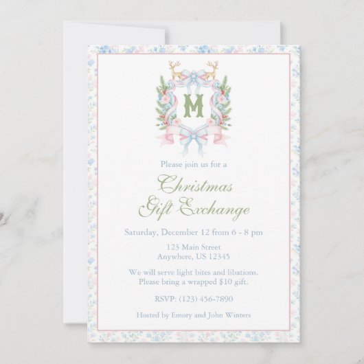 Preppy Grandmillennial Christmas Monogram Wappen Einladung (Vorderseite)