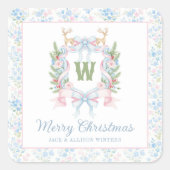 Preppy Grandmillennial Christmas Monogram Wappen Quadratischer Aufkleber (Vorderseite)