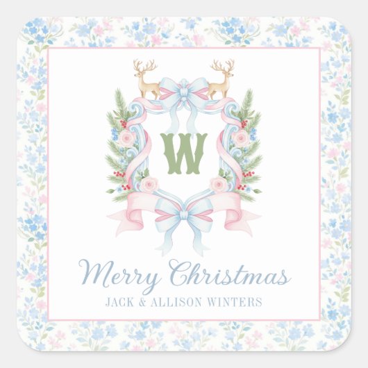 Preppy Grandmillennial Christmas Monogram Wappen Quadratischer Aufkleber (Vorderseite)