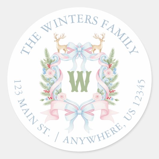 Preppy Grandmillennial Monogram Wappen Address Runder Aufkleber (Vorderseite)