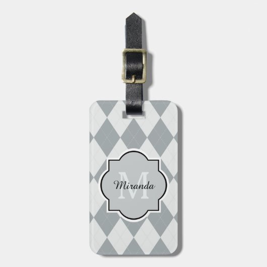 Preppy Gray Raute Girly Monogram und Name Gepäckanhänger (Vorderseite vertikal)