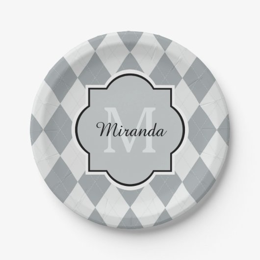 Preppy Gray Raute Girly Monogram und Name Pappteller (Vorderseite)