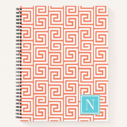 Preppy Greek Key Monogram – Coral & Turquoise Notizblock (Vorderseite)