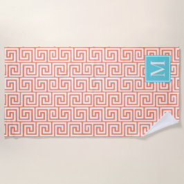 Preppy Greek Key Monogram – Coral & Turquoise Strandtuch