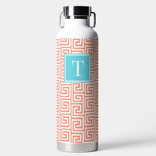 Preppy Greek Key Monogram - Coral & Turquoise Trinkflasche (Vorderseite)
