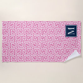 Preppy Greek Key Monogram – Hot Pink & Navy Strandtuch