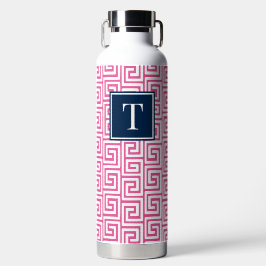 Preppy Greek Key Monogram - Hot Pink & Navy Trinkflasche