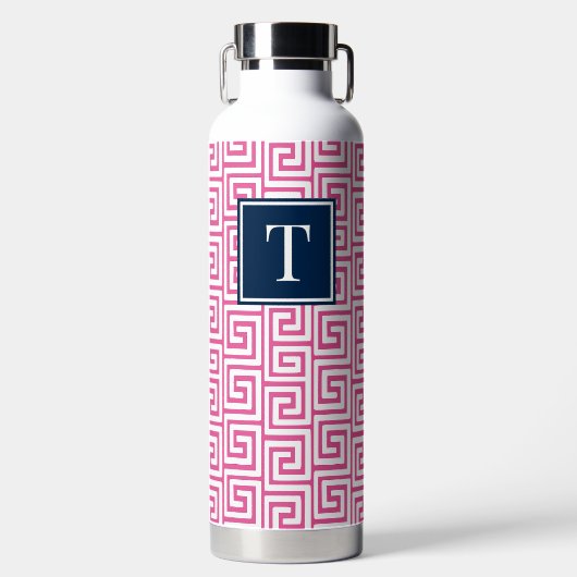 Preppy Greek Key Monogram - Hot Pink & Navy Trinkflasche (Vorderseite)