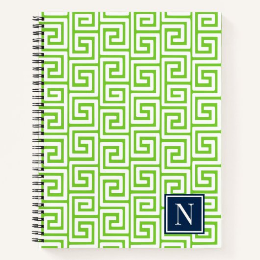 Preppy Greek Key Monogram – Lime Green & Navy Notizblock (Vorderseite)