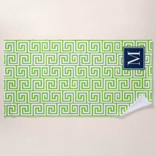 Preppy Greek Key Monogram – Lime Green & Navy Strandtuch (Vorderseite)