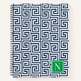 Preppy Greek Key Monogram – Navy & Green Notizblock