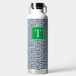 Preppy Greek Key Monogram - Navy & Green Trinkflasche