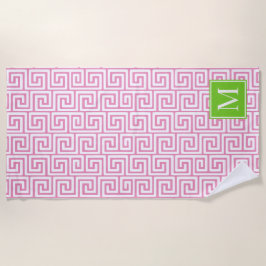 Preppy Greek Key Monogram – Pink & Lime Green Strandtuch