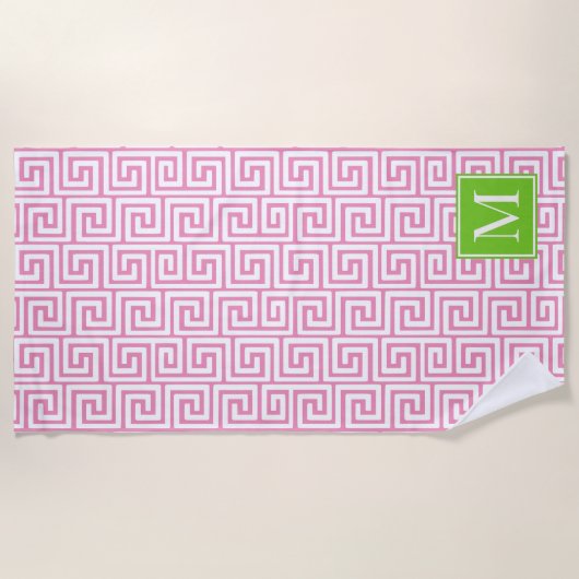 Preppy Greek Key Monogram – Pink & Lime Green Strandtuch (Vorderseite)