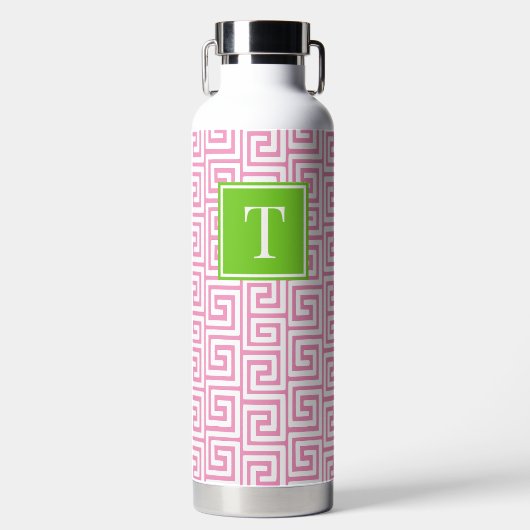 Preppy Greek Key Monogram - Pink & Lime Green Trinkflasche (Vorderseite)