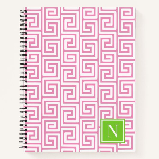 Preppy Greek Key Monogram – Pink & Lime Notizblock (Vorderseite)