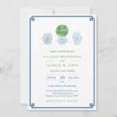 Preppy Green and Blue Hand Painted Boxwood Wedding Einladung (Vorderseite)