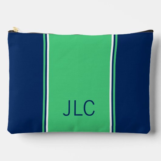 Preppy Green and Navy Blue Strip Monogram Zubehörtasche (Vorderseite)