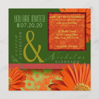 Preppy Green Orange Gerbera Floral Wedding Einladu Einladung