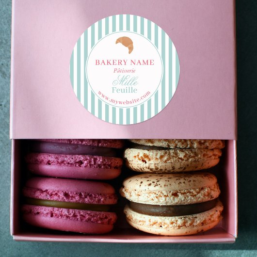 Preppy Green & Pink Stripes Bakery Logo Product Runder Aufkleber