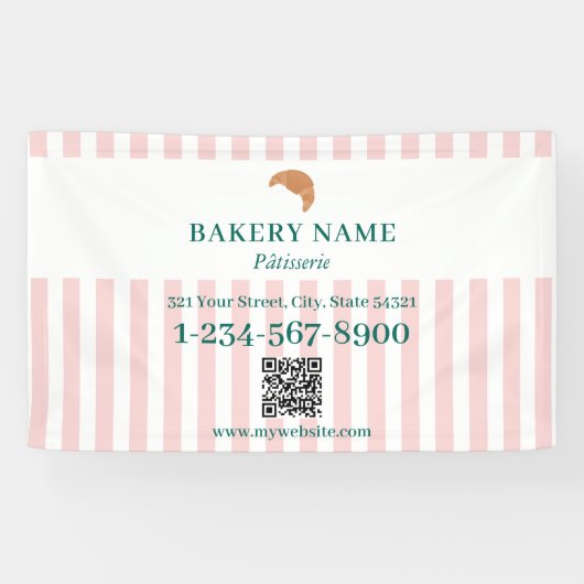Preppy Green & Pink Stripes Bakery Logo QR Code Banner (Horizontal)