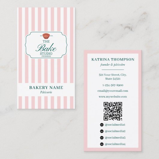 Preppy Green & Pink Stripes Bakery Logo QR Code Visitenkarte (Vorne/Hinten)