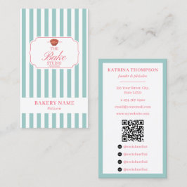 Preppy Green & Pink Stripes Bakery Logo QR Code Visitenkarte