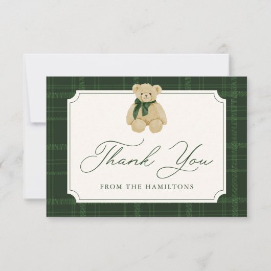 Preppy Green Plaid Teddy Bear Baby Shower Dankeskarte (Vorderseite)