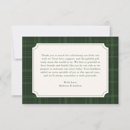 Preppy Green Plaid Teddy Bear Baby Shower Dankeskarte (Rückseite)