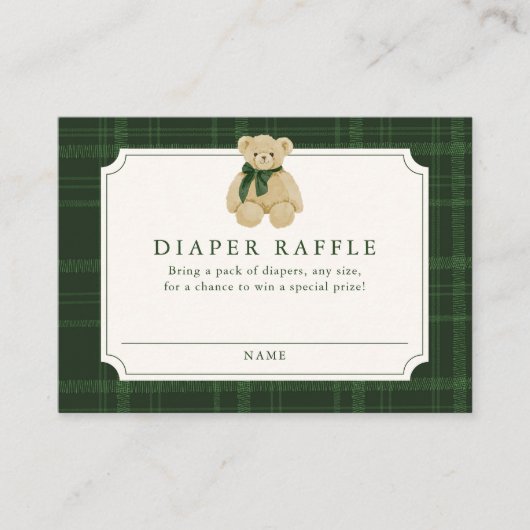 Preppy Green Plaid Teddy Bear Diaper Raffle Begleitkarte (Vorderseite)
